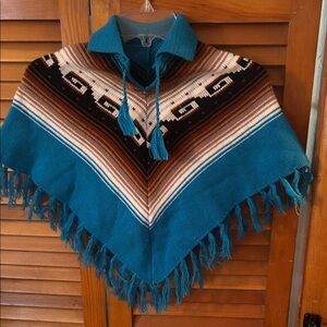 Girls Teal and Brown Knit Poncho with Fringe
